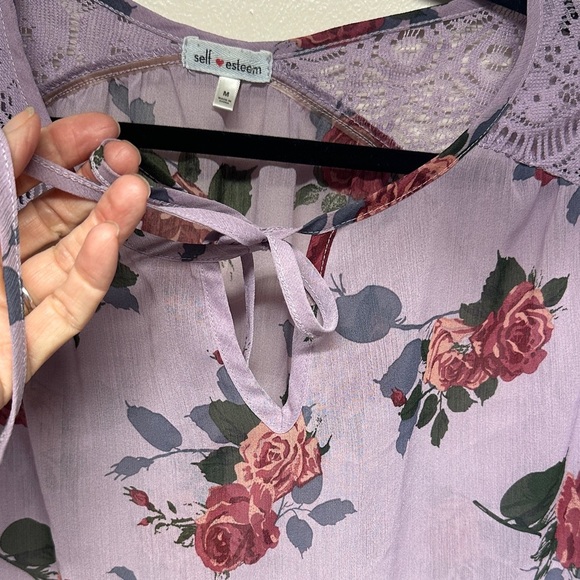 Self Esteem Lavender Floral Semi Sheer Blouse with Bell Sleeves - Picture 6 of 9